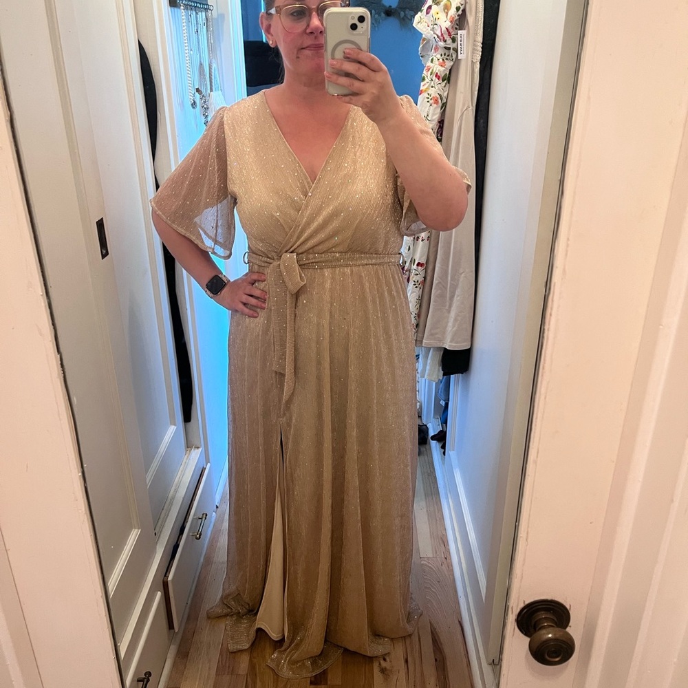 Baltic Born Gold Shimmer Faux Wrap Maxi Dress with Tie Waist